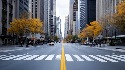 Poster - Quiet City Street in Autumn with Yellow Leaves and Skyscrapers in the Background : Generative AI