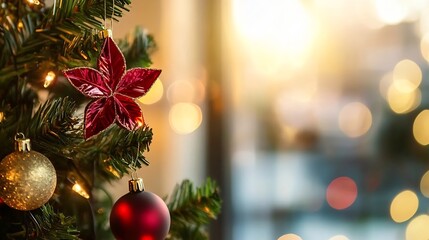 Aufkleber - Festive Christmas Tree Decorated with Ornaments and Warm Lighting Bokeh : Generative AI
