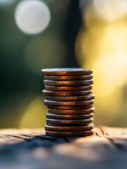 Poster - Stacks of shiny coins basking in warm sunlight showcasing wealth and financial growth : Generative AI