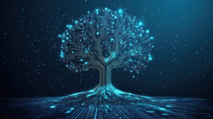 Glowing digital tree on circuit board, data flow background, tech concept (1)