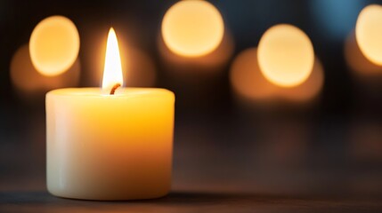 Poster - Warm lit candle exuding a cozy atmosphere against a backdrop of soft bokeh : Generative AI