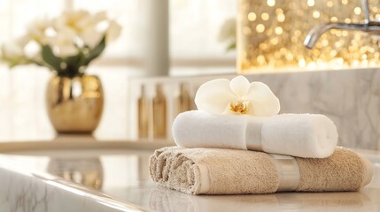 Aufkleber - Luxurious spa bathroom setup featuring rolled towels and a flower creating serene and relaxing ambiance : Generative AI