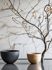 Aufkleber - Stylish decor featuring modern pottery and a branch against a marble backdrop for minimalist aesthetics : Generative AI