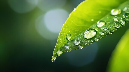 Poster - Close-Up of Dew-Drops on Verdant Green Leaf Showing Nature's Beauty and Freshness : Generative AI
