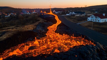 Wall Mural - Aerial View of Lava Flowing Through Residential Area at Sunset