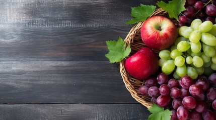 Poster - Fresh colorful assortment of fruits in a basket on rustic wooden table for healthy living : Generative AI