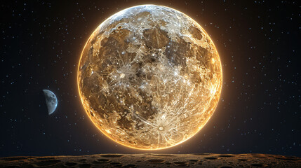 Wall Mural - stunning celestial scene featuring large, glowing moon with intricate surface details, accompanied by smaller moon background against starry sky