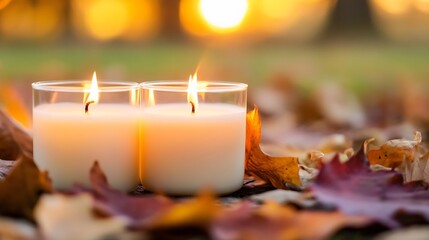 Poster - Warm glowing candles surrounded by autumn leaves creating a cozy ambiance during sunset : Generative AI