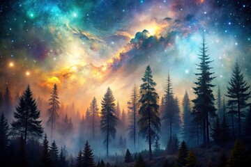 mystical forest blends with celestial skies in a surreal, dreamlike double exposure.