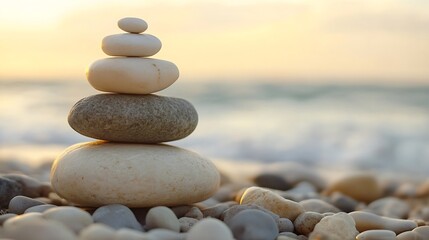 Aufkleber - Balanced stones stacked carefully on a beach during sunset with soft waves in the background : Generative AI