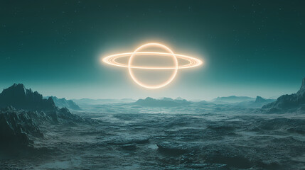 Wall Mural - a stunning image of a ringed planet glowing above a barren alien landscape, illustrating the wonders