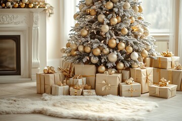 Wall Mural - Christmas tree with beige and gold wrapped gifts beneath, placed on a plush fur rug, illuminated by natural light in a cozy holiday setting.