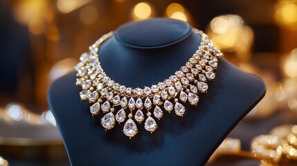 Aufkleber - Elegant Close Up of a Sparkling Jewelry Necklace Displayed on a Black Bust : Generative AI