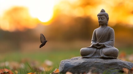 Aufkleber - Calming Buddha Statue Surrounded by Nature and Serenity at Sunset : Generative AI