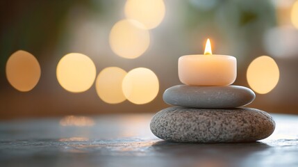 Aufkleber - Tranquil Scene of Spa Aromatherapy Candle on Zen Stones with Warm Bokeh Background : Generative AI