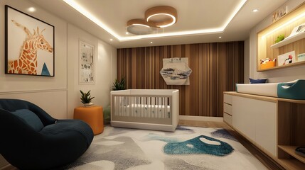 Poster - Charming modern nursery featuring a cozy crib, stylish decor, and soothing color palette : Generative AI