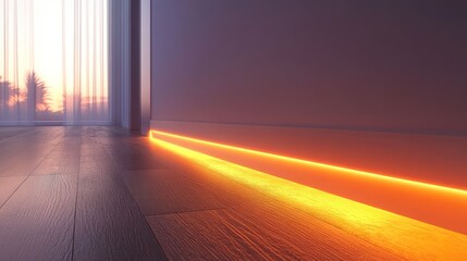 Wall Mural - Sunset-lit minimalist room with orange LED baseboard lighting.