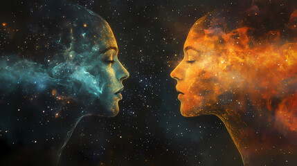 Wall Mural - cosmic connection art depicting duality abstract space digital painting surreal environment side vie
