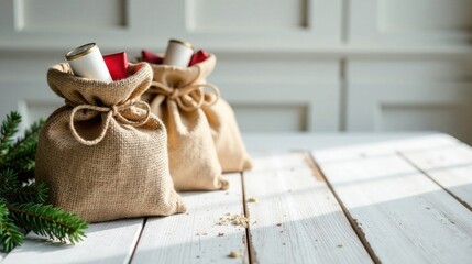 Poster - Rustic Burlap Gift Bags Filled with Presents Rest on a White Wooden Surface