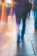 Poster - Blurred motion of people walking in a busy urban environment with city lights : Generative AI