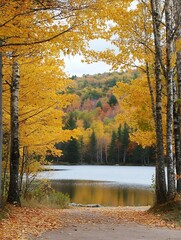 Poster - Colorful autumn scene with golden leaves reflecting in a tranquil lake surrounded by trees : Generative AI