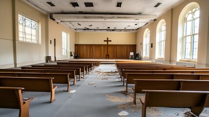 Aufkleber - Abandoned Church Interior With Empty Pews and Dusty Floors in a Quiet Setting : Generative AI