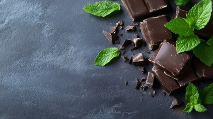Poster - Delicious Dark Chocolate Squares with Fresh Mint Leaves on Dark Background : Generative AI