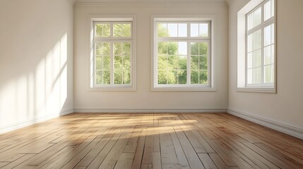 Aufkleber - Bright and Airy Empty Room with Large Windows and Wooden Floor in Natural Light : Generative AI
