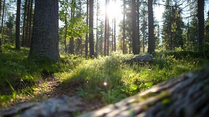 Aufkleber - Sunlight Streaming Through Tall Trees in a Serene Forest Setting : Generative AI
