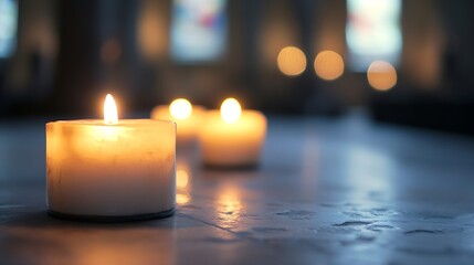 Poster - Soft glow of candles on a reflective surface creating a serene and peaceful ambiance : Generative AI