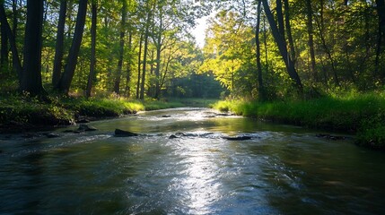 Poster - Serene River Flowing Through Sunlit Green Forest Landscape in the Heart of Nature : Generative AI