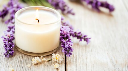 Poster - Calming Lavender Candle with Flowers on Rustic Table : Generative AI