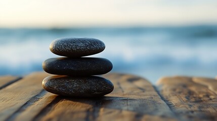 Aufkleber - Stacked smooth black stones on a wooden surface with blurred ocean waves in the background for relaxation and balance : Generative AI