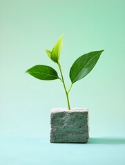 Poster - Young green plant sprouting from a textured gray block on a soft green background for nature and growth themes : Generative AI