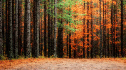 Wall Mural - vibrant autumn forest showcasing tall trees with orange and green foliage, creating stunning contrast against earthy ground. scene evokes sense of tranquility and natural beauty