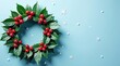 © BokehBox - Festive Winter Wreath of Lush Green Leaves and Vibrant Red Berries with Delicate Snowflakes on a Pastel Blue Background