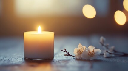 Aufkleber - Relaxing Candle with Flowers Creating a Peaceful Atmosphere in Soft Light : Generative AI