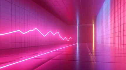 Neon pink line graph in futuristic corridor