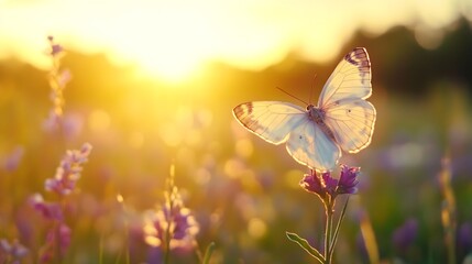 Poster - Elegant butterfly perched on a flower with sunlight creating a dreamy golden glow in a beautiful garden : Generative AI