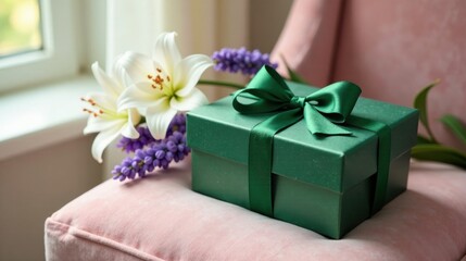 Poster - A luxuriously wrapped emerald gift box rests on a plush pink surface, adorned with a vibrant bouquet of lilies and purple blossoms