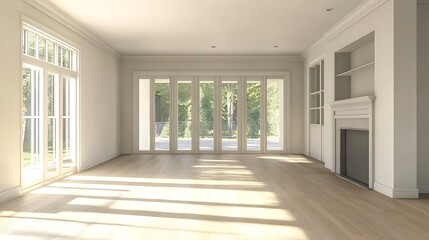 Leinwandbilder - Spacious and bright empty room with large windows and wooden floor ready for decoration : Generative AI