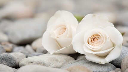 Poster - Delicate White Roses Resting on Smooth Pebbles Creating a Tranquil and Romantic Atmosphere : Generative AI