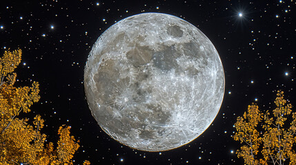 Wall Mural - Bright full moon in clear night sky, surrounded by stars and autumn leaves