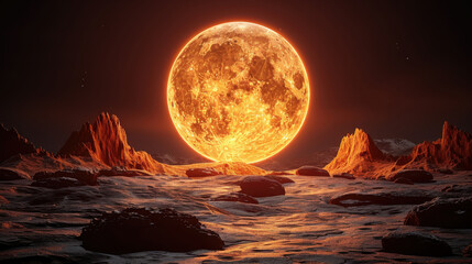 Wall Mural - stunning full moon illuminates rocky landscape under clear night sky, creating celestial atmosphere