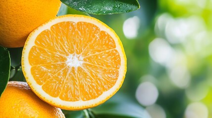 Poster - Fresh Juicy Orange Sliced in Half Surrounded by Green Leaves and Bokeh Background : Generative AI