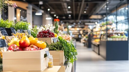 Poster - Fresh Produce Display in Modern Market showcasing Organic Fruits and Vegetables : Generative AI
