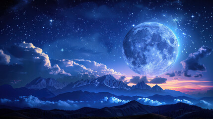 Wall Mural - bright full moon illuminates clear night sky, surrounded by majestic mountains and twinkling stars, 