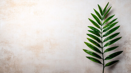 Wall Mural - vibrant green leaf against textured beige background creates serene atmosphere. This minimalist composition highlights nature beauty and simplicity