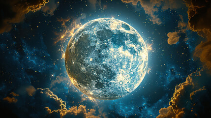 Wall Mural - Bright full moon in clear night sky surrounded by twinkling stars, creating magical atmosphere