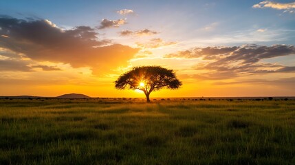 Poster - Majestic Acacia Tree Silhouetted Against a Stunning Sunset in the African Savanna : Generative AI